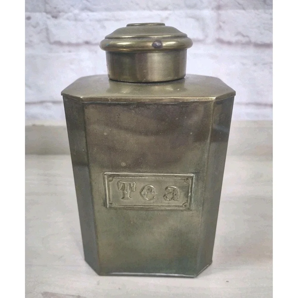 Vtg English Breakfast Tea Tin Brass Screw Top Container Canister TEA Spellout